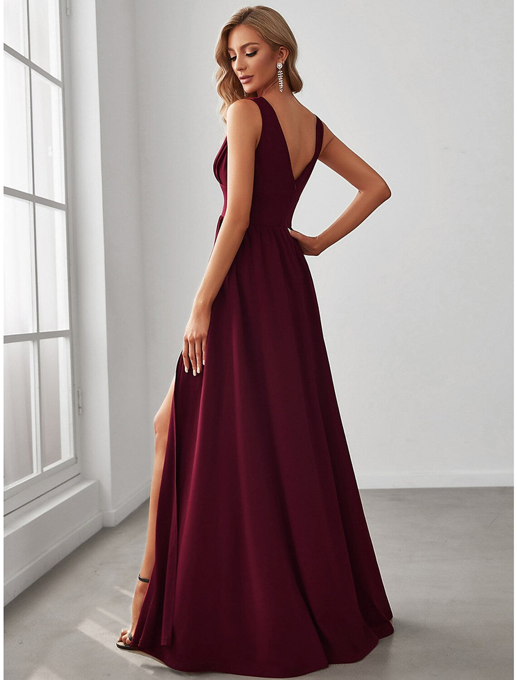 High Split Dress Wedding Guest Floor Length Sleeveless V Neck V Back with Slit