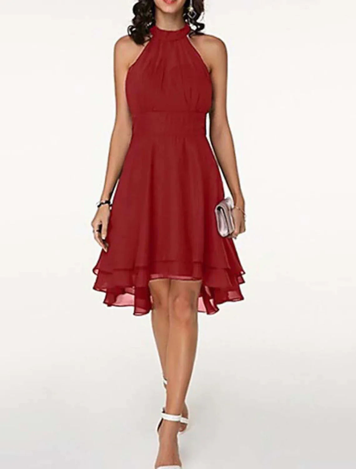 High Waisted Cocktail Party Dress Halter Neck V Back Engagement Semi-formal Dance Sleeveless Knee Length with Sleek Tier