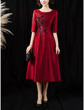 Mother of the Bride Dress Wedding Guest Vintage Elegant Petite Scoop Neck Tea Length Half Sleeve with Crystals Embroidery
