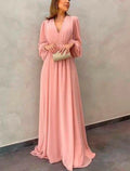 Mother of the Bride Dress Formal Wedding Guest Elegant V Neck Sweep / Brush Train Long Sleeve with Pleats