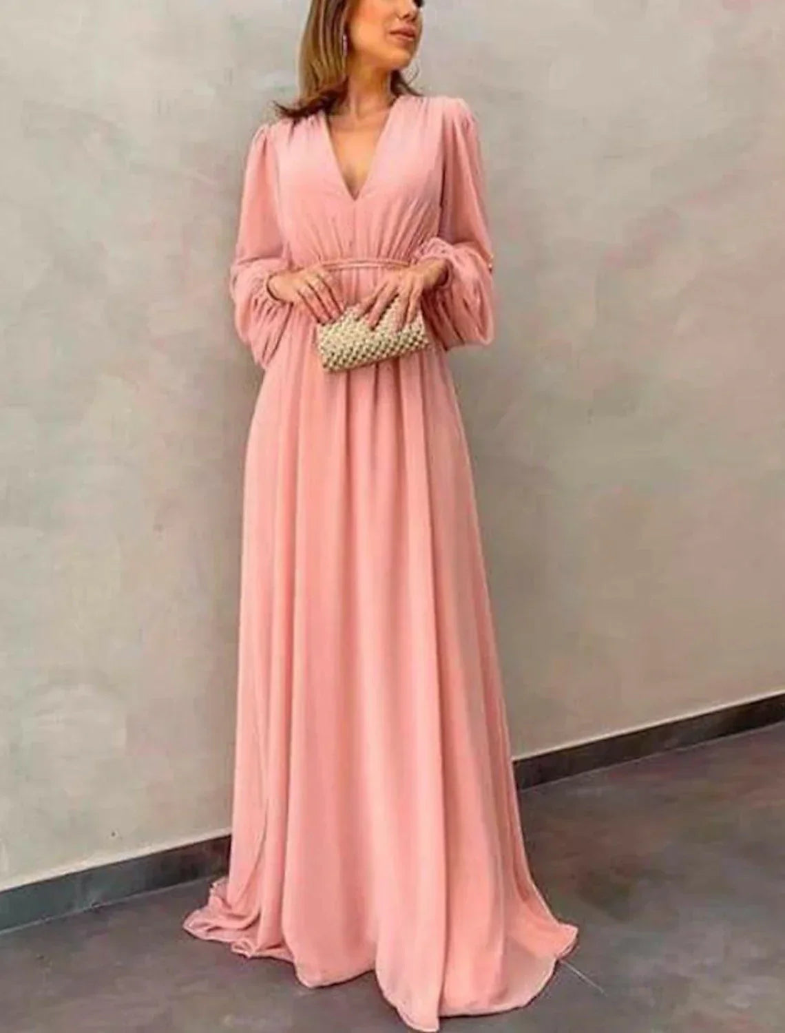 Mother of the Bride Dress Formal Wedding Guest Elegant V Neck Sweep / Brush Train Long Sleeve with Pleats