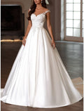 Reception Formal Wedding Dresses A-Line V Neck Sleeveless Court Train Bridal Gowns With Pleats Appliques