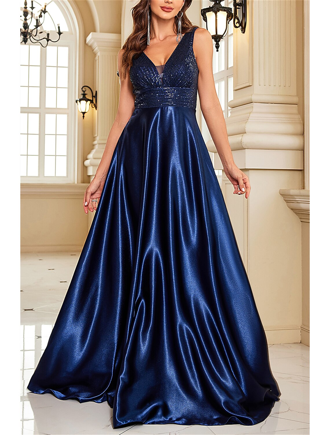 Mother of the Bride Dress Wedding Guest Party Sparkle & Shine Elegant V Neck Floor Length Sleeveless with Color Block