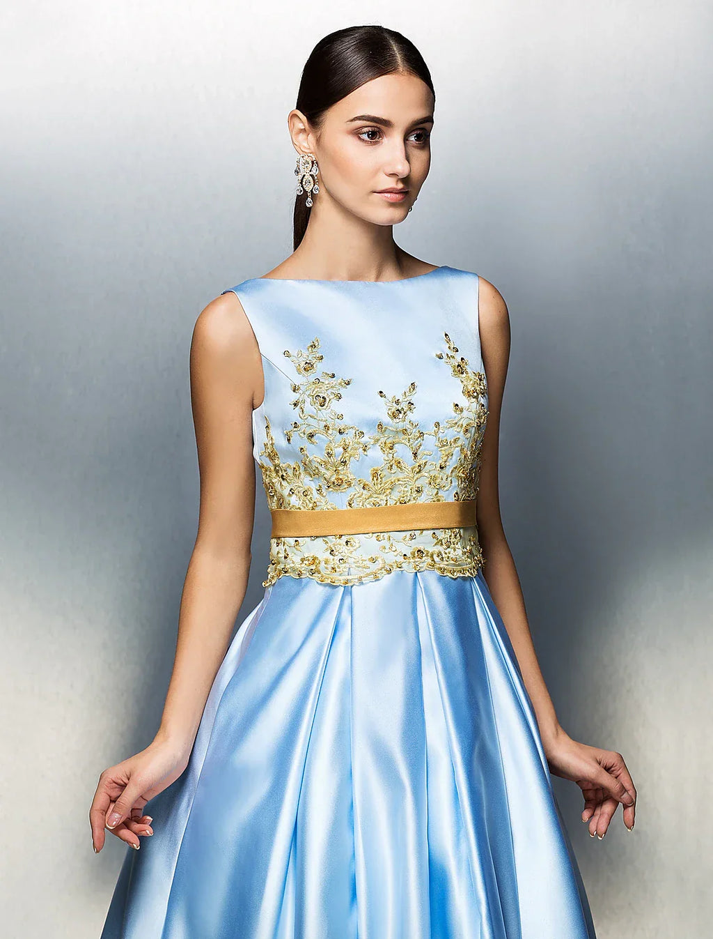 Cocktail Dresses Party Dress Wedding Guest Tea Length Sleeveless Jewel Neck V Back with Pleats Appliques