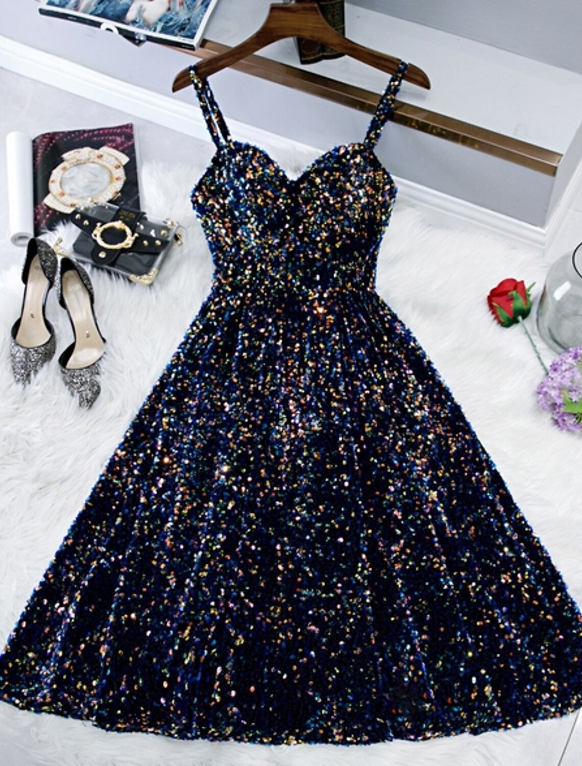Sparkle & Shine Holiday Cocktail Party Dress Spaghetti Strap Sleeveless Knee Length