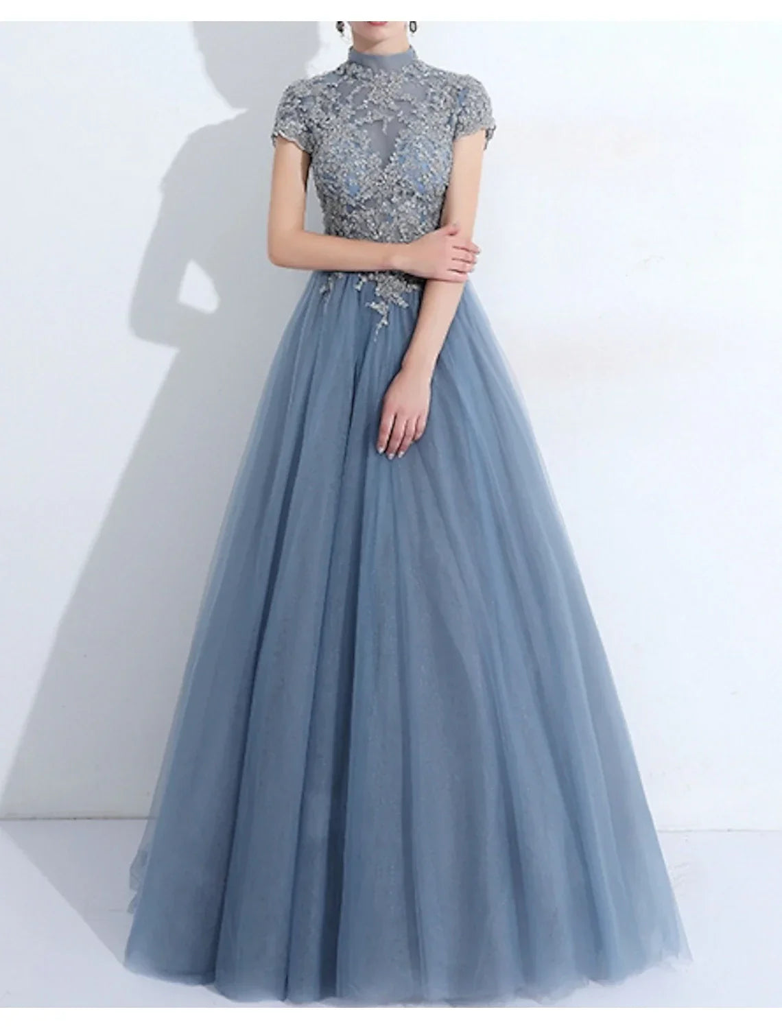 Evening Gown Vintage Dress Quinceanera Wedding Guest Floor Length Short Sleeve High Neck with Pleats Appliques