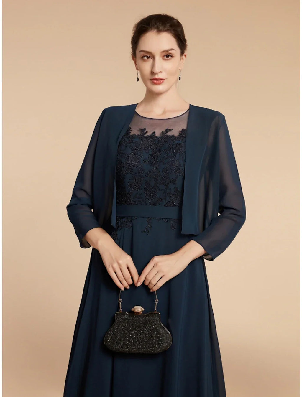 Mother of the Bride Dress Wedding Guest Elegant Jewel Neck Ankle Length Long Sleeve with Ruching Solid Color