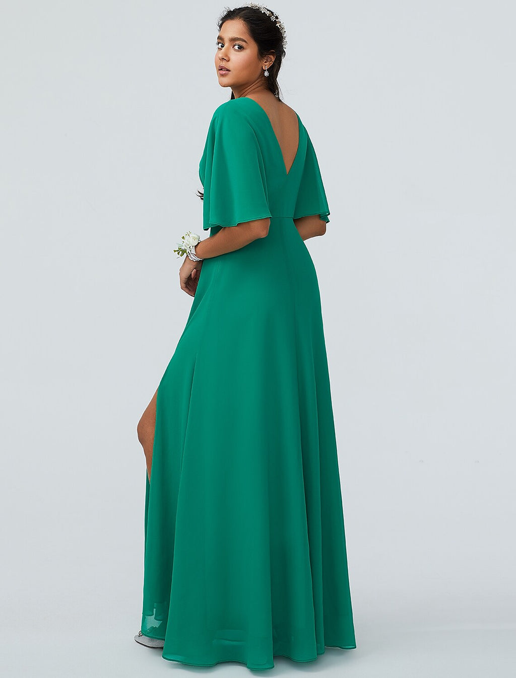 Bridesmaid Dress V Neck Short Sleeve Sparkle Shine Floor Length with Split Front