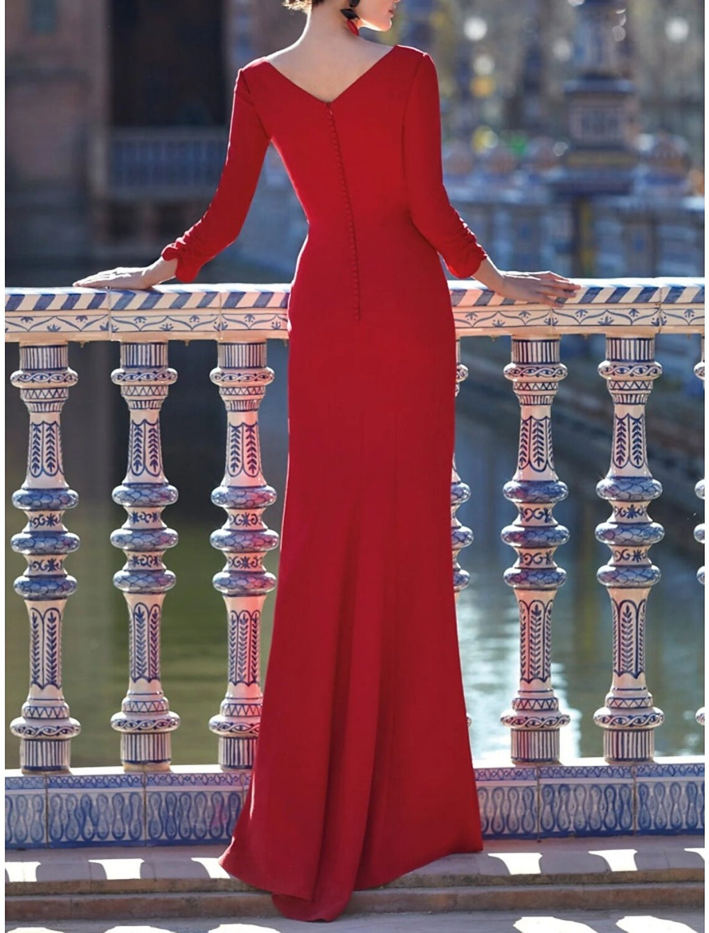 Green Sheath / Column Evening Gown Elegant Dress Formal Floor Length Christmas Red Dress 3/4 Length Sleeve V Neck with Pleats Ruched Slit