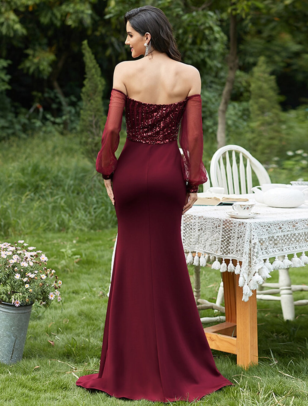 Sexy Formal Evening Dress Off Shoulder Long Sleeve Floor Length