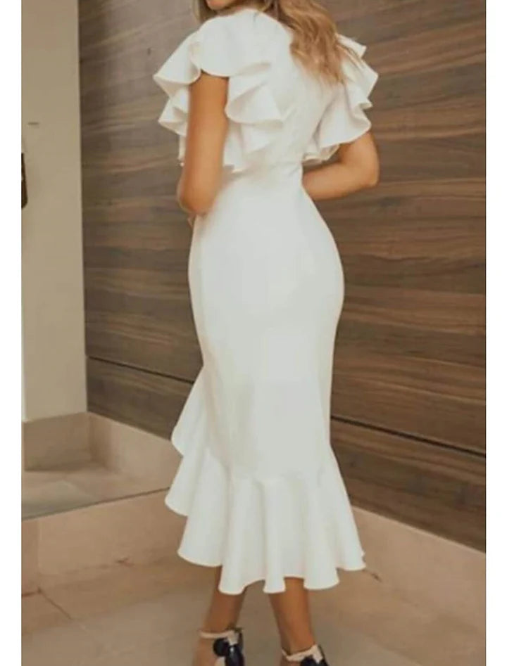White Mermaid V-Neck Ruffle Sleeve Midi Prom Dress