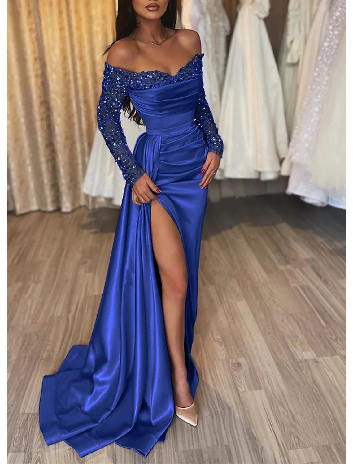 Black Mermaid Dress Evening Gown Ruched Dress Formal Sparkle Wedding Party Court Train Long Sleeve Off Shoulder Fall Wedding Reception with Slit
