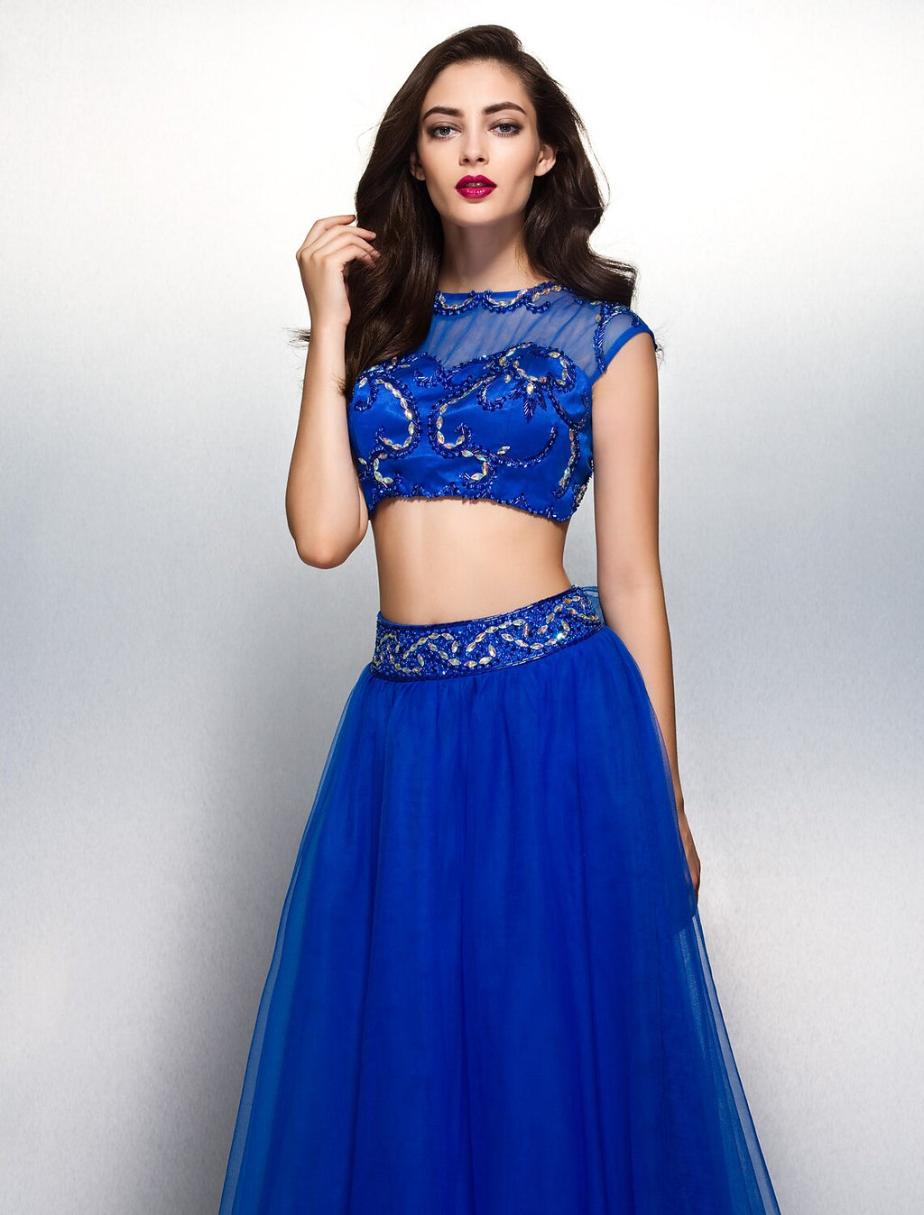 Two Piece A-Line Beautiful Back Two Piece Prom Formal Evening Dress Illusion Neck Short Sleeve Floor Length with Beading Appliques