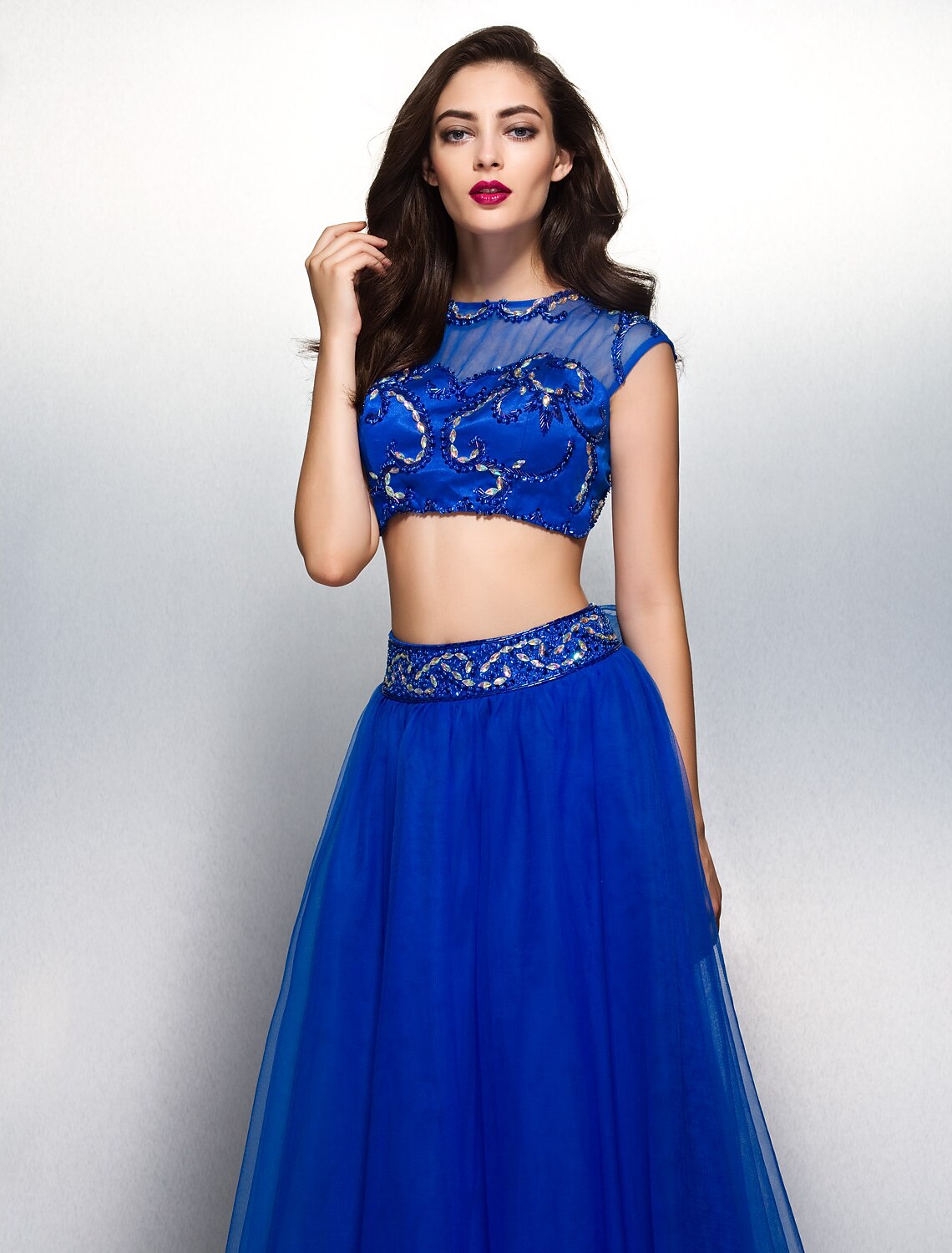 Two Piece A-Line Beautiful Back Two Piece Prom Formal Evening Dress Illusion Neck Short Sleeve Floor Length with Beading Appliques