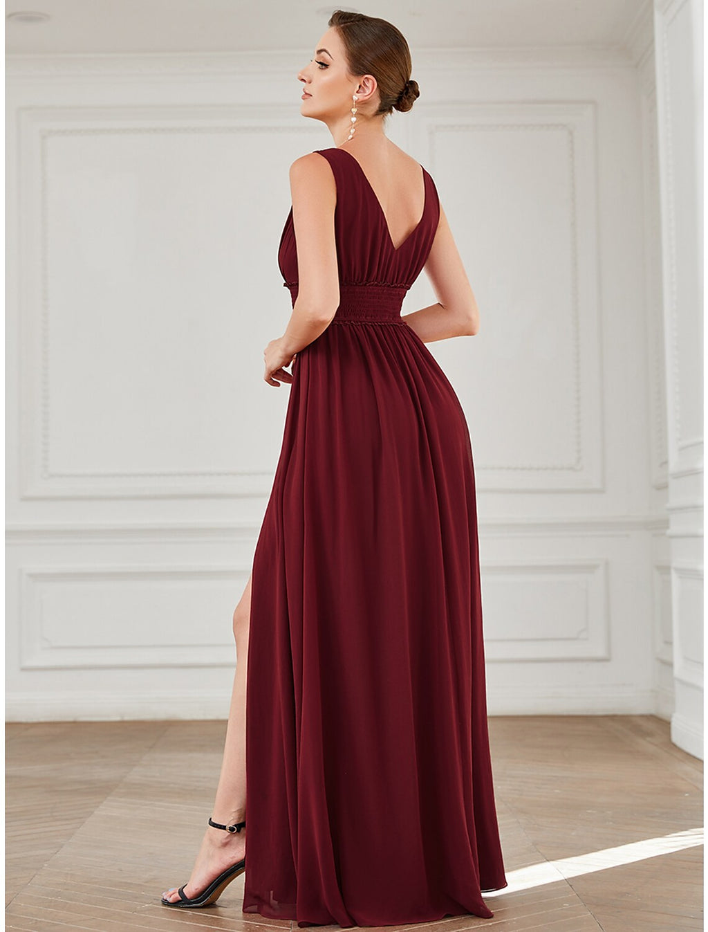 Evening Gown Minimalist Dress Wedding Guest Floor Length Sleeveless V Neck with Pleats