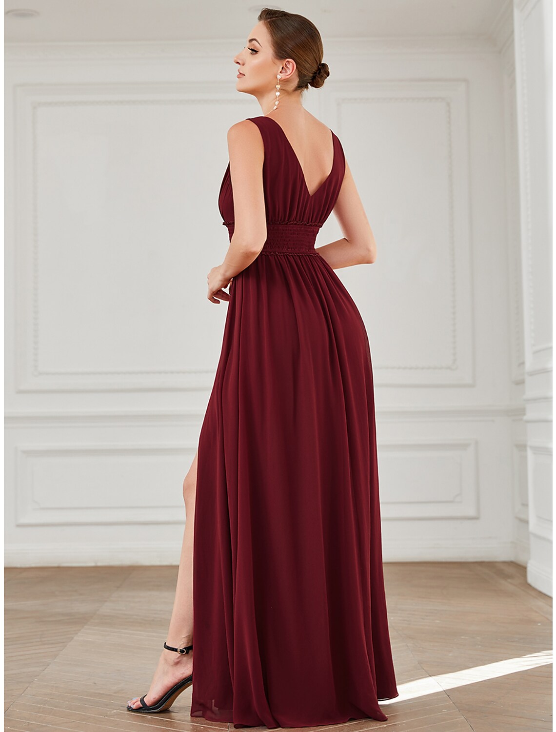 Evening Gown Minimalist Dress Wedding Guest Floor Length Sleeveless V Neck with Pleats