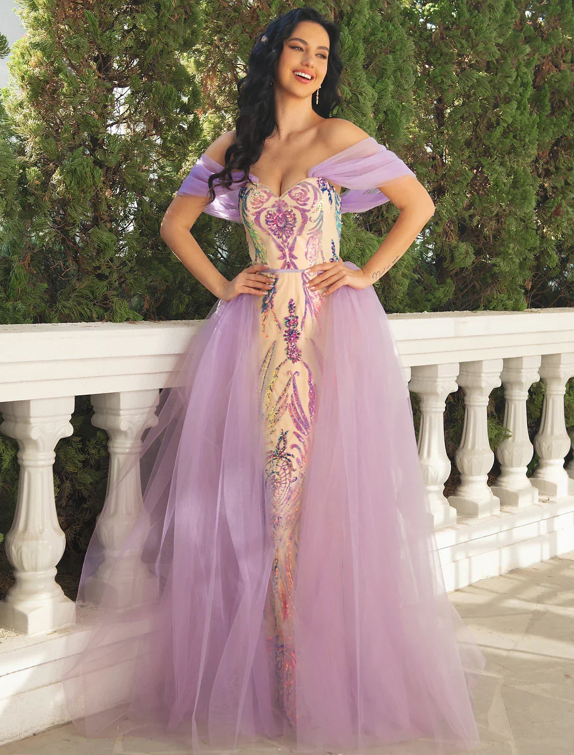 Mermaid / Trumpet Prom Dresses Luxurious Dress Wedding Party Floor Length Short Sleeve V Neck Detachable with Overskirt
