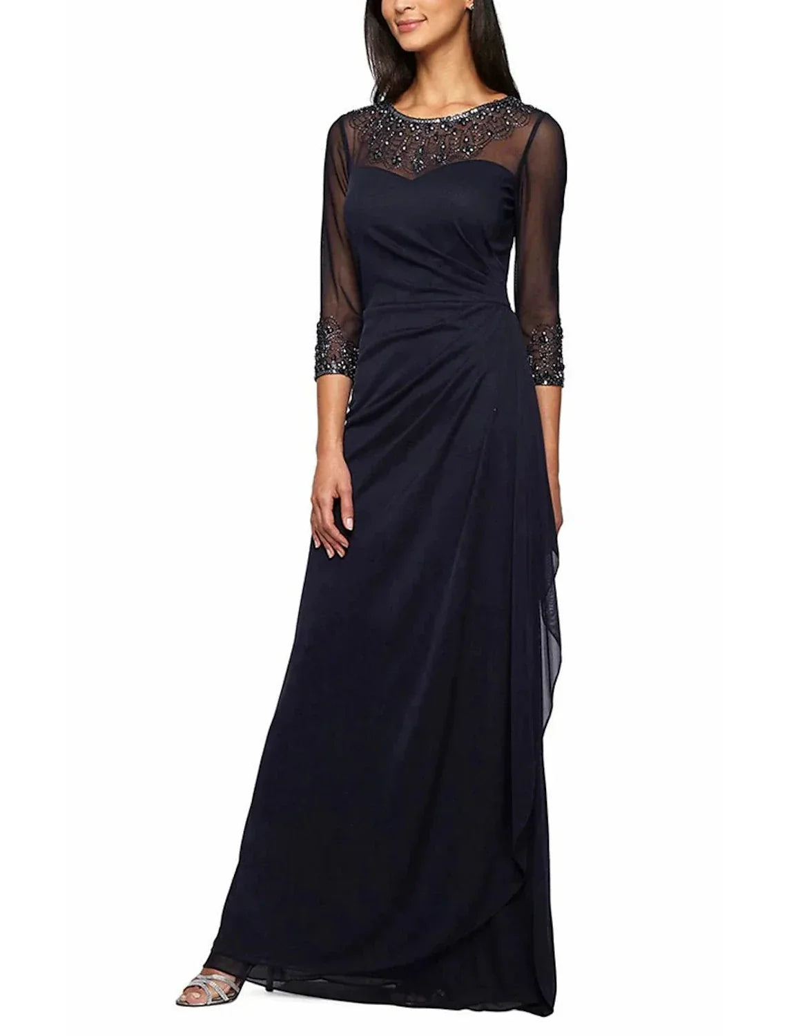 Mother of the Bride Dress Formal Wedding Guest Elegant Jewel Neck Floor Length 3/4 Length Sleeve with Beading Ruching