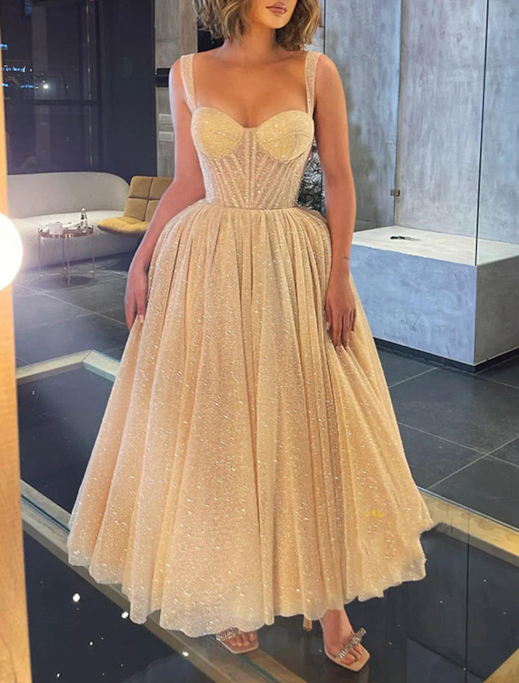 Ball Gown Prom Dresses Corsets Dress Wedding Party Dress Birthday Ankle Length Sleeveless Spaghetti Strap with Glitter