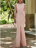 Mermaid / Trumpet Mother of the Bride Dress Wedding Guest Elegant Scoop Neck Sweep / Brush Train Fabric 3/4 Length Sleeve with Split Front Ruching