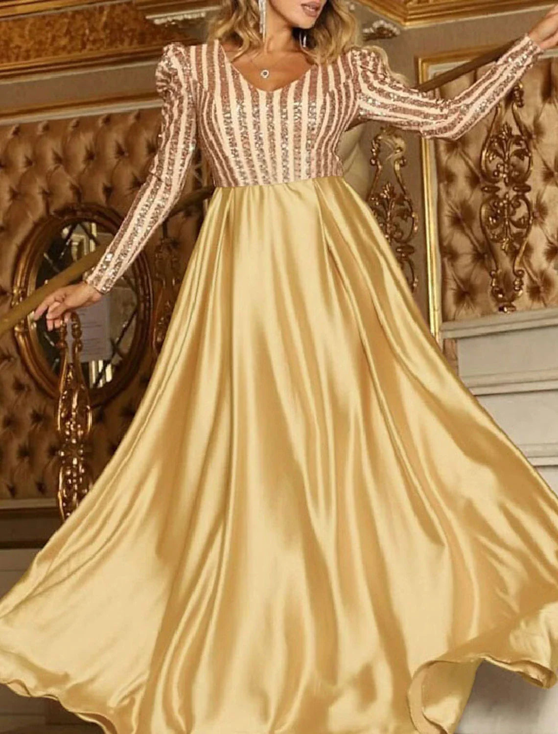 Sparkly Engagement Formal Evening Party Dress V Neck Long Sleeve Court Train