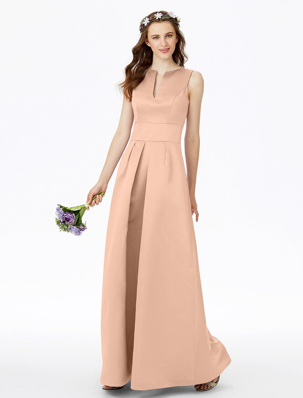 Bridesmaid Dress Notched Sleeveless Elegant Floor Length with Pleats Pocket