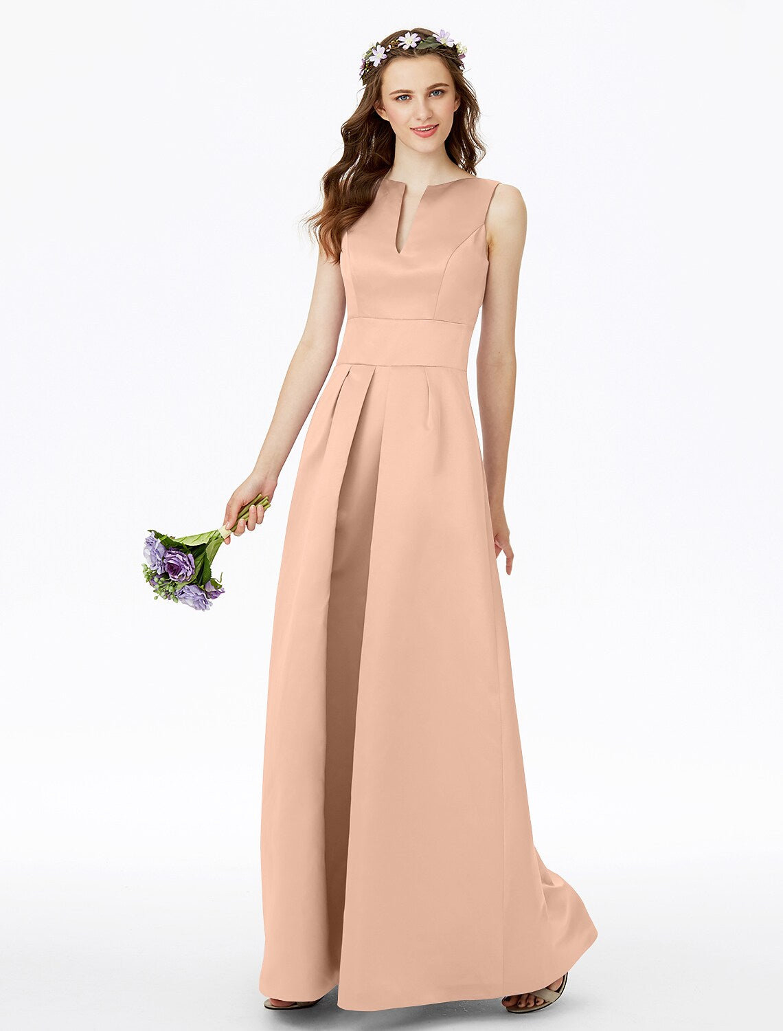 Bridesmaid Dress Notched Sleeveless Elegant Floor Length with Pleats Pocket