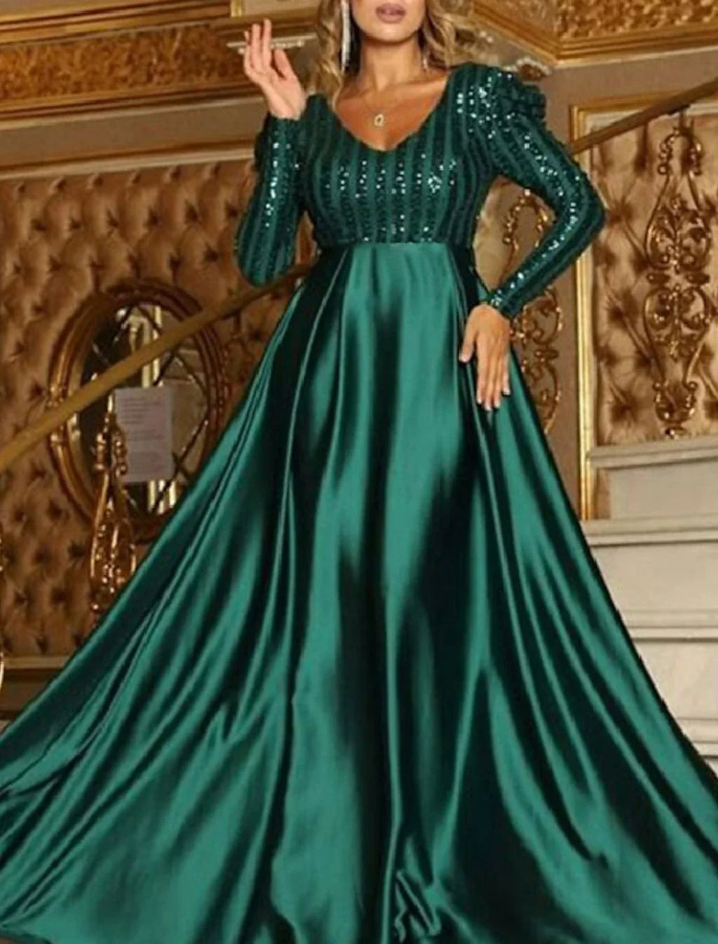 Sparkly Engagement Formal Evening Party Dress V Neck Long Sleeve Court Train