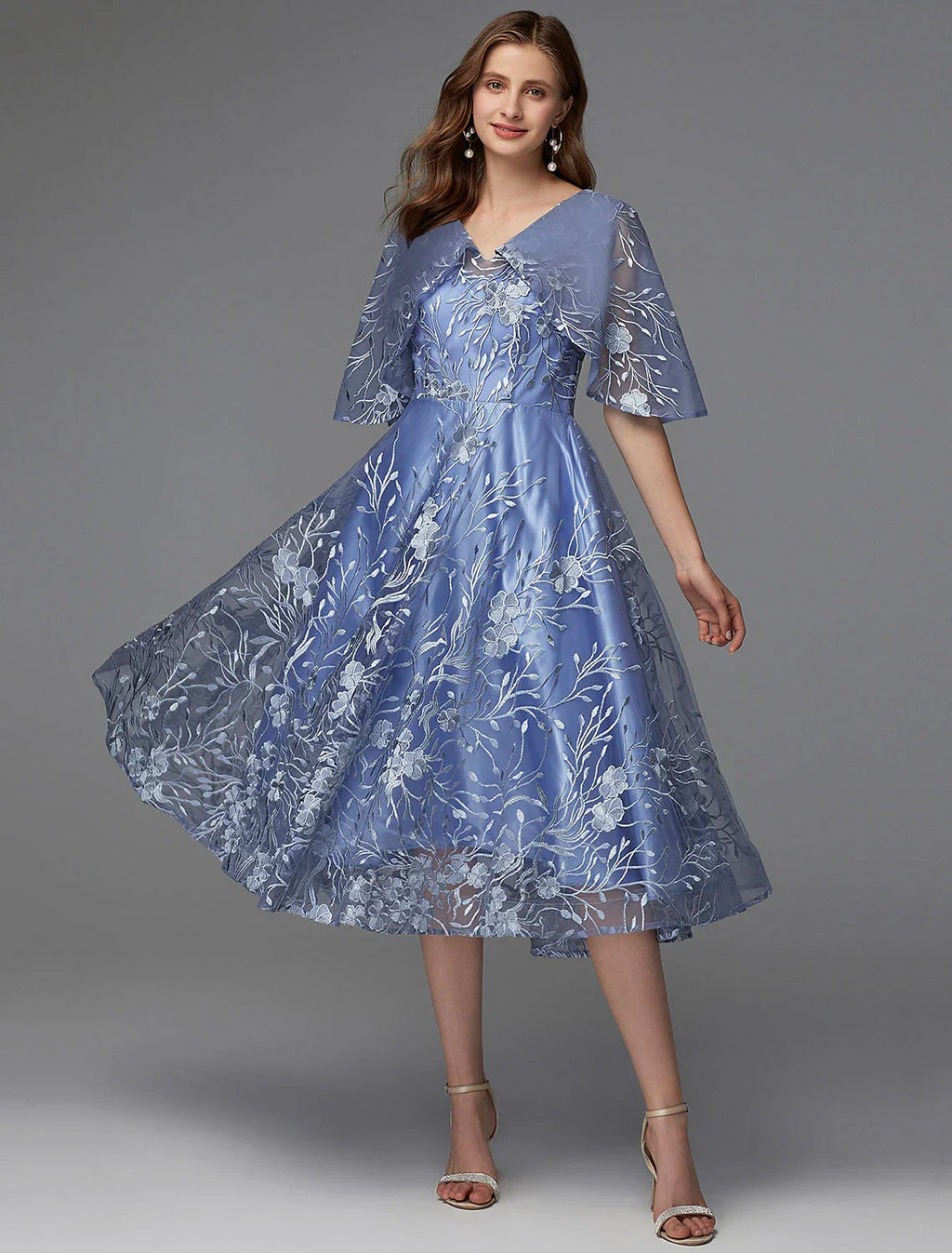 Floral Dress Wedding Guest Cocktail Party Tea Length Sleeveless V Neck V Back with Pattern / Print Appliques