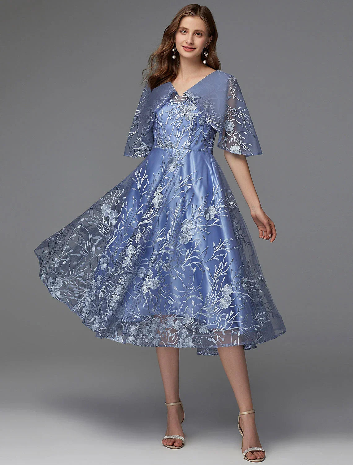 Floral Dress Wedding Guest Cocktail Party Tea Length Sleeveless V Neck V Back with Pattern / Print Appliques
