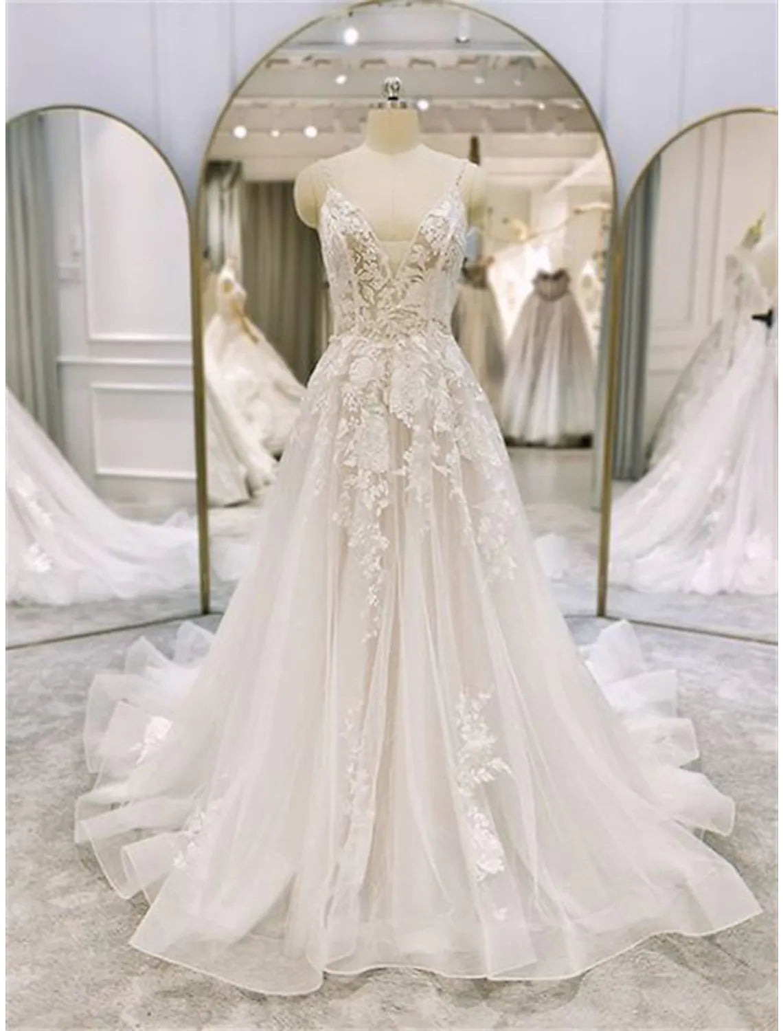 Engagement Formal Wedding Dresses Chapel A-Line Sleeveless Strap Ruffles Appliques