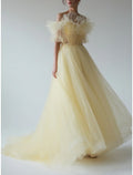 Evening Gown Elegant Dress Formal Sweep / Brush Train Short Sleeve V Neck with Pleats Ruffles