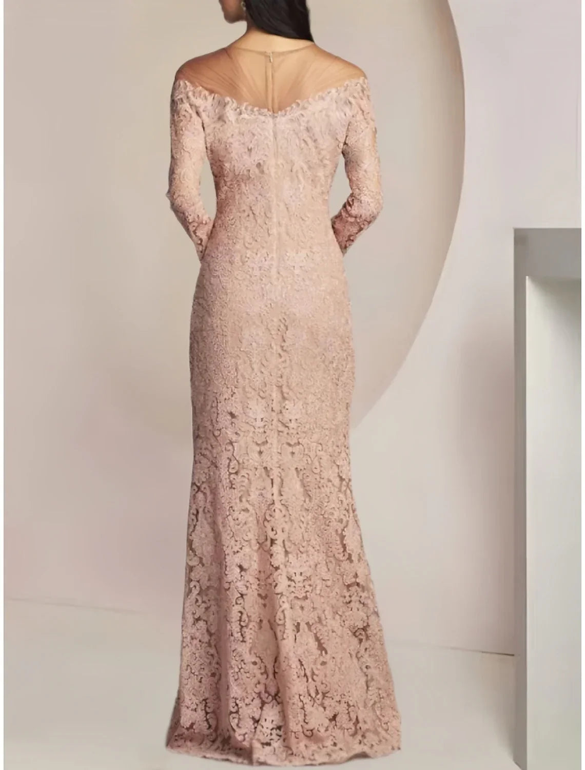 Sheath / Column Mother of the Bride Dress Wedding Guest Elegant Illusion Neck Floor Length Long Sleeve with Solid Color
