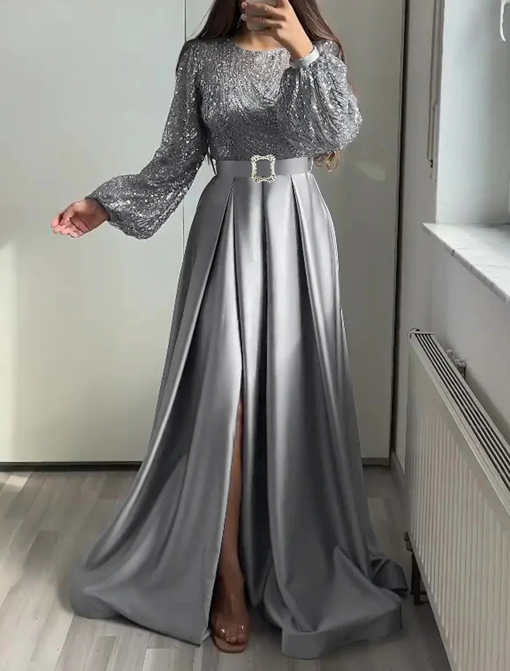 Black Evening Gown Glittering Dress Wedding Tie Floor Length Long Sleeve Jewel Neck Fall Wedding Guest