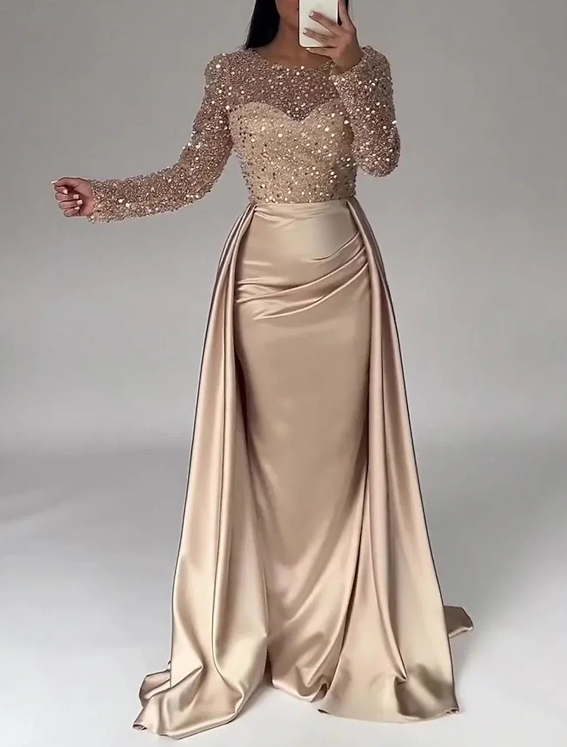 Mermaid Evening Gown Ruched Dress Long Sleeves Floor Length Sparkle Illusion Neck Fall Wedding Guest Dress with Pearls Overskirt