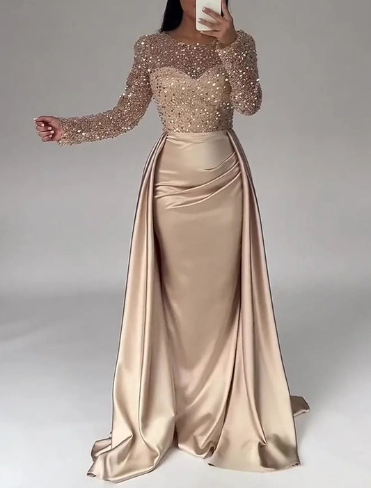 Luxurious Red Sequin Mermaid Classic-Neck Long-Sleeve Classic-Back Floor-Length Wedding Dress