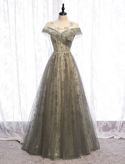 Elegant Red A-Line Classic-Neck Short-Sleeve Classic-Back Floor-Length Prom Dress