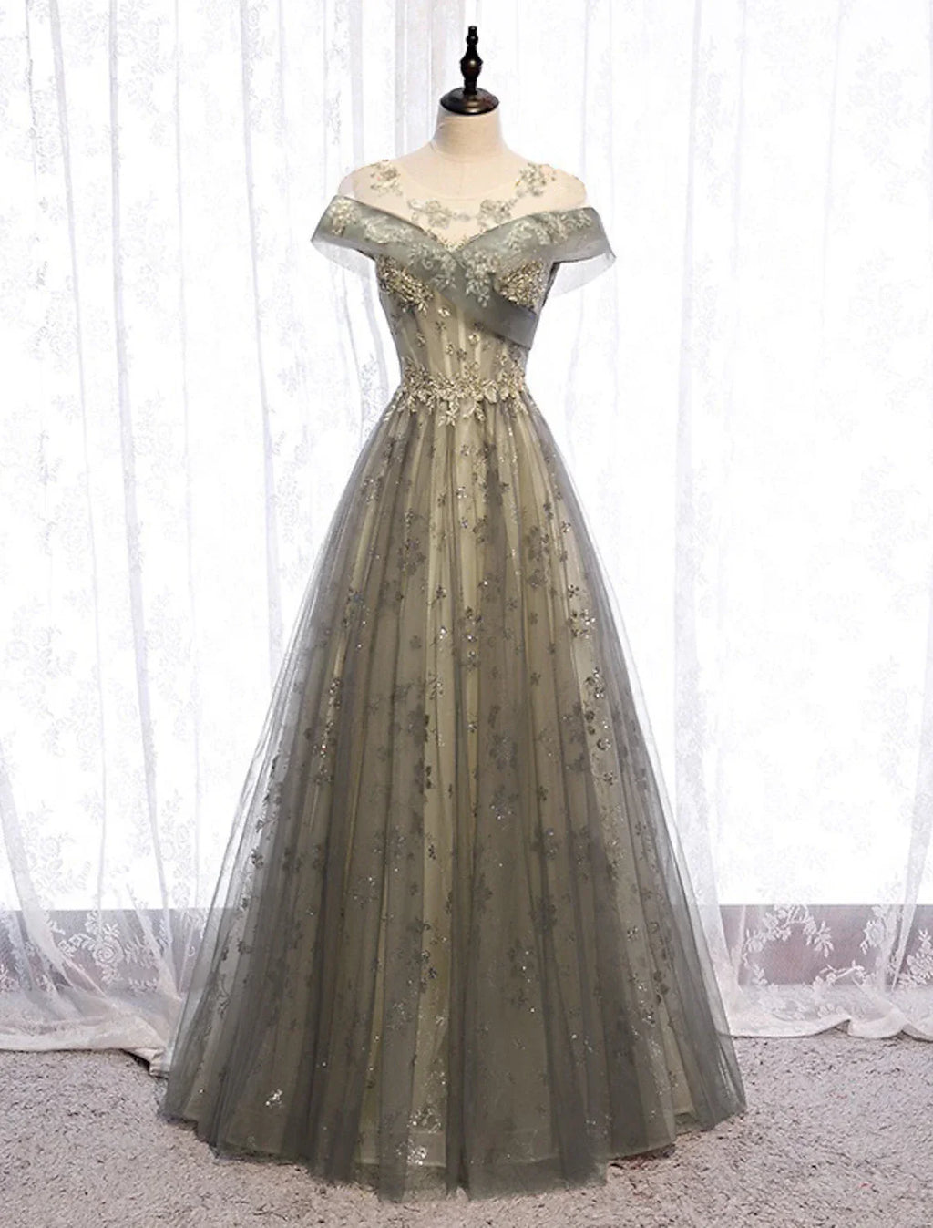Evening Gown Elegant Dress Wedding Guest Floor Length Short Sleeve Illusion Neck with Pleats