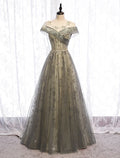 Evening Gown Elegant Dress Wedding Guest Floor Length Short Sleeve Illusion Neck with Pleats