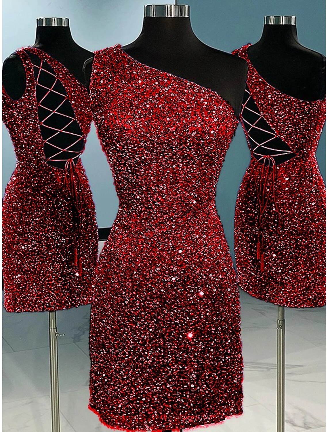 Short / Mini One Shoulder Sheath / Column Homecoming Dresses Sparkle & Shine Dress Holiday Sleeveless with Glitter Strappy