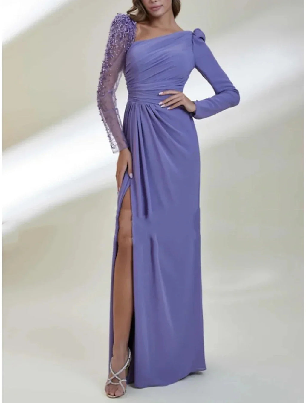 Green Sheath / Column Evening Gown Elegant Dress Formal Christmas Red Dress Sweep / Brush Train Long Sleeve Scoop Neck with Pleats Ruched