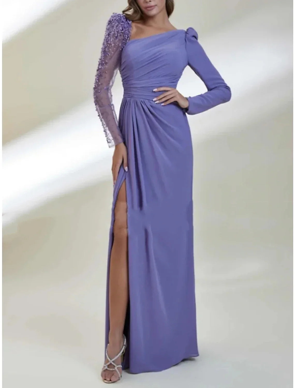 Green Sheath / Column Evening Gown Elegant Dress Formal Christmas Red Dress Sweep / Brush Train Long Sleeve Scoop Neck with Pleats Ruched