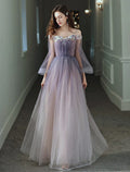 Minimalist Elegant Party Wear Prom Dress Off Shoulder Long Sleeve Floor Length with Appliques
