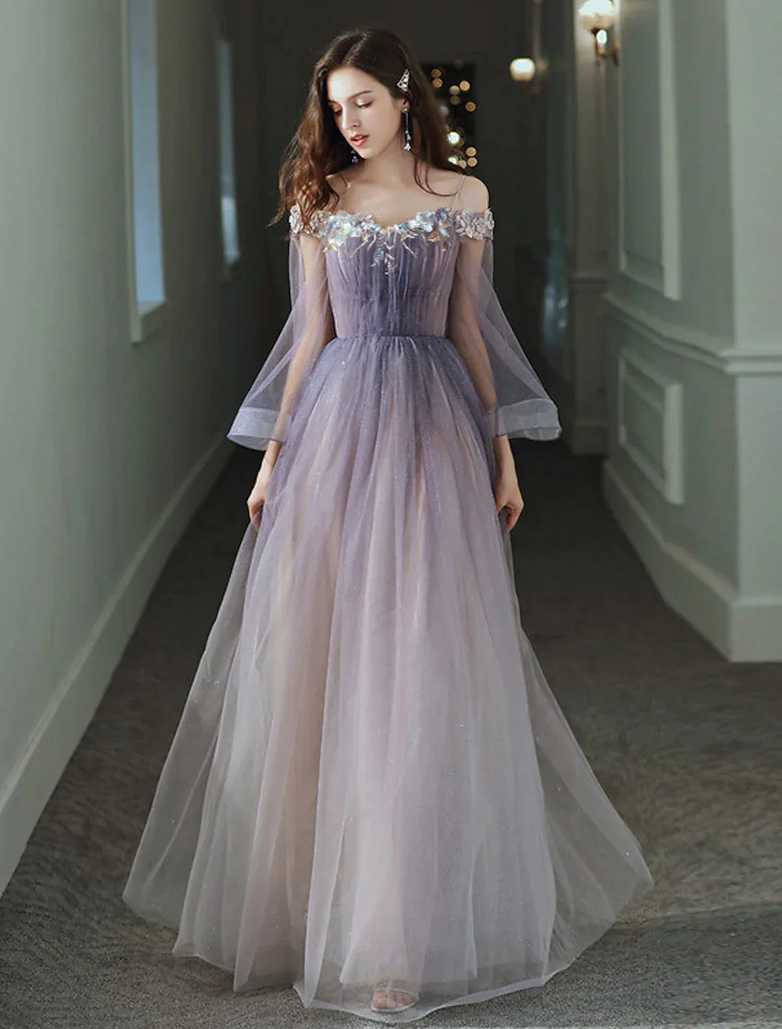 Minimalist Elegant Party Wear Prom Dress Off Shoulder Long Sleeve Floor Length with Appliques