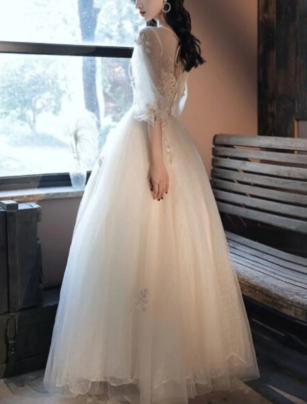 Ball Gown Vintage Floral Quinceanera Prom Dress V Neck Half Sleeve Floor Length with Pleats Embroidery
