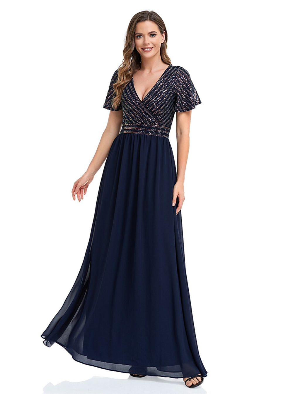 Evening Gown Elegant Dress Floor Length Short Sleeve V Neck