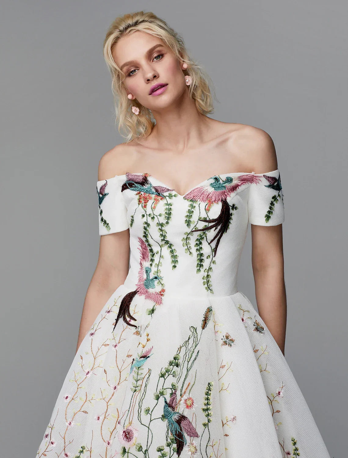 Ball Gown Cute Dress Wedding Guest Asymmetrical Short Sleeve Off Shoulder with Embroidery
