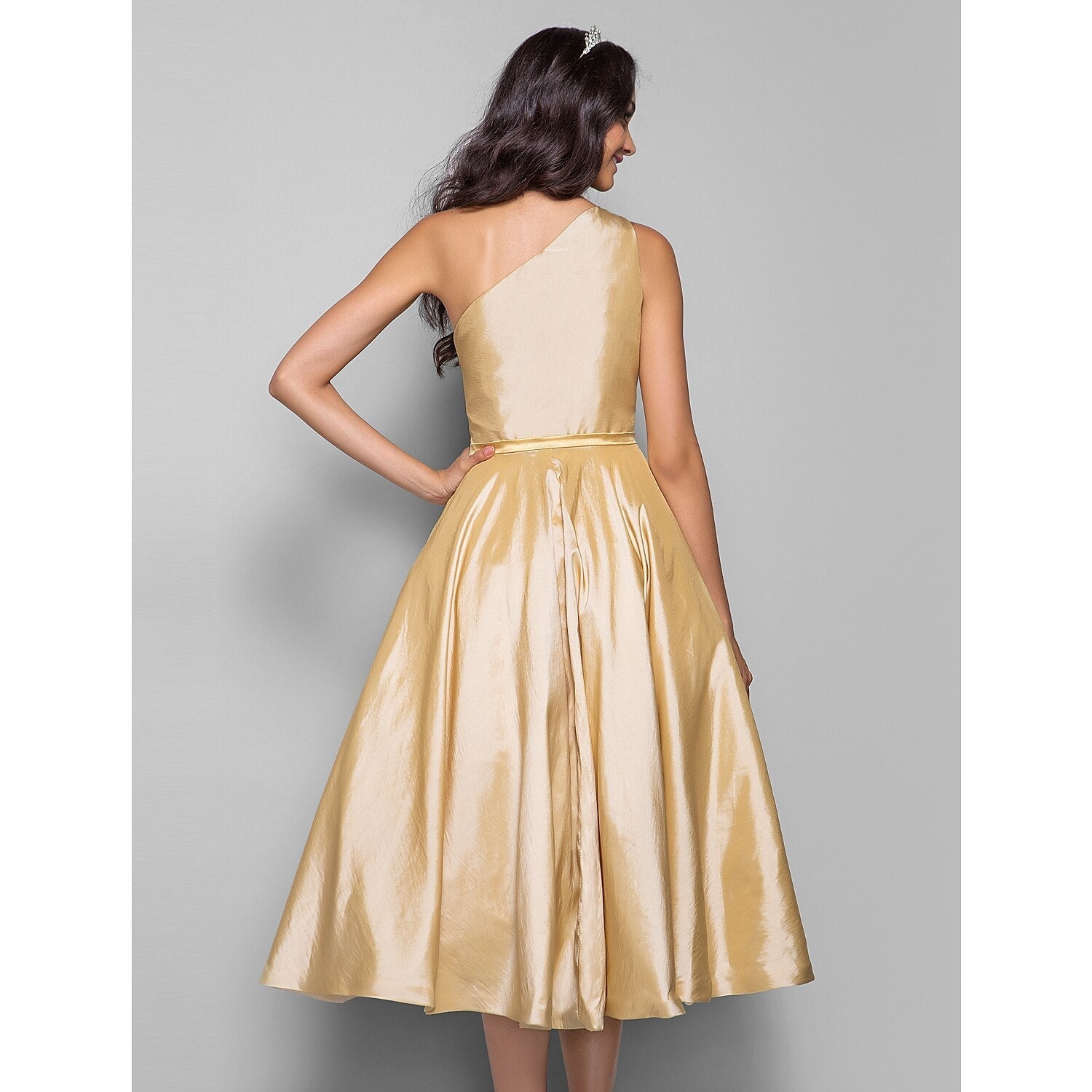 Minimalist Elegant Cocktail Party Wedding Party Dress One Shoulder Sleeveless Tea Length Taffeta with Sash / Ribbon