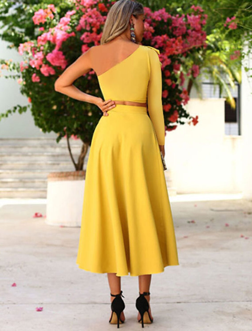 Cocktail Dresses Cut Out Dress Party Wear Wedding Guest Tea Length Long Sleeve One Shoulder Fabric with Ruffles