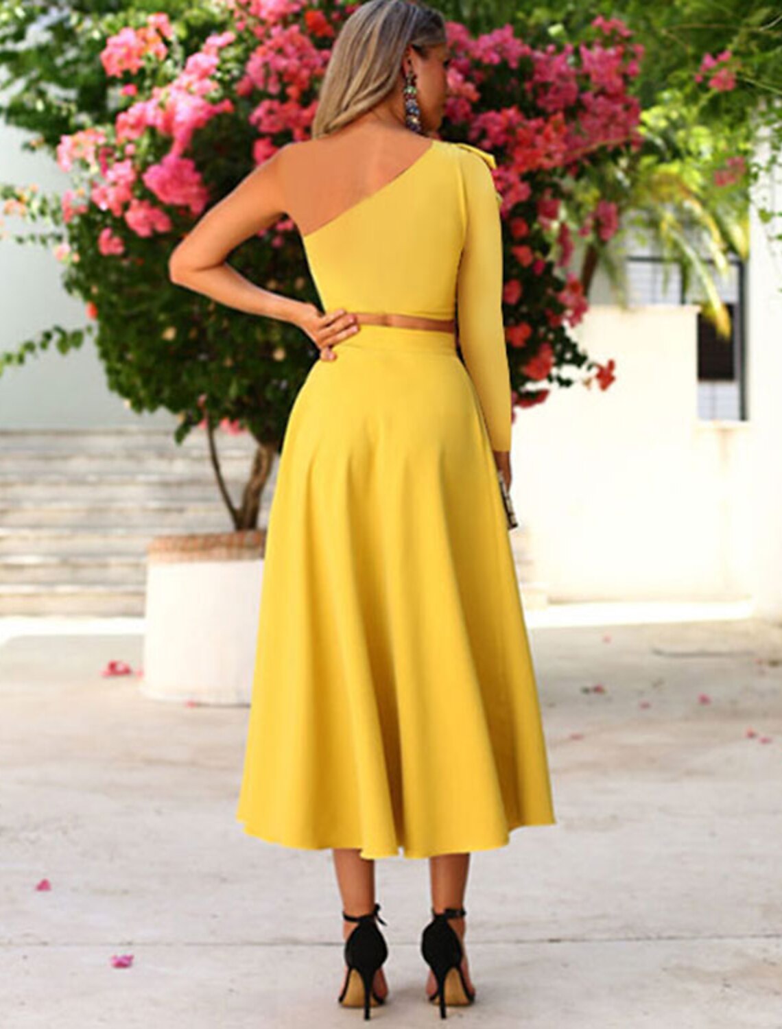 Cocktail Dresses Cut Out Dress Party Wear Wedding Guest Tea Length Long Sleeve One Shoulder Fabric with Ruffles